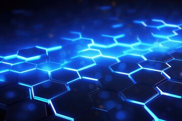 abstract blue glowing hexagons on dark background, 3d render, 3D rendering of an abstract hexagon background with blue neon lights, AI Generated
