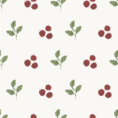 Vector leaf pattern with red berries. Abstract line art seamless background. Backdrop with leaves and fruit on neutral backdrop. Scattered sprigs all over print. Decorative botanical repeat