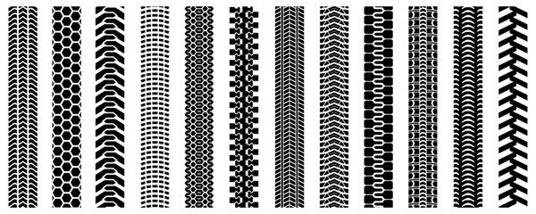 Tire tracks isolated silhouettes set, machinery protectors prints track set, tire ground imprints, vehicles tires footprints, tread brushes, seamless transport ground trace, wheel treads shapes - obrazy, fototapety, plakaty