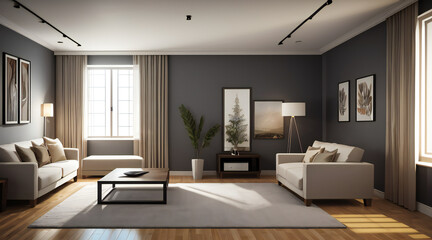 Fototapeta na wymiar Luxury Home Interior with Stylish Furniture and Floor-to-Ceiling Windows