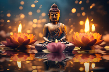 Buddha statue among candles and lotus flowers, blurred golden background 7