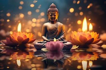 Foto auf Acrylglas Buddha statue among candles and lotus flowers, blurred golden background 7 © Alina