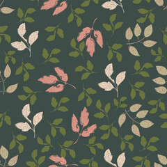 Pink green leaf vector seamless background pattern. Spring or summer backdrop with leaves. Scattered sprigs all over print. Decorative botanical repeat for fabric, wrapping, wallpaper