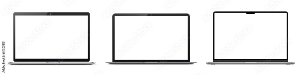 Poster Open modern laptop mockup with blank screen monitor, set new 2024 device template mockup isolated - stock vector