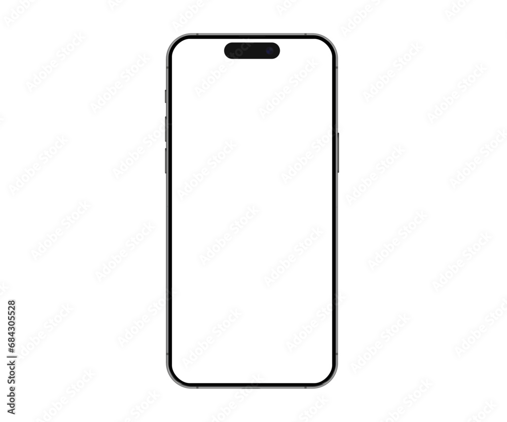 Poster Iphone 15 pro max smartphone model on white background isolated. 3D mobile phone with empty screens. Smartphone mockup front view white screen