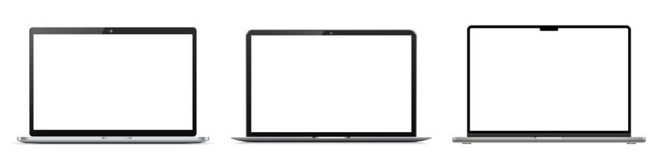 Open modern laptop mockup with blank screen monitor, set new 2024 device template mockup isolated - stock vector - obrazy, fototapety, plakaty