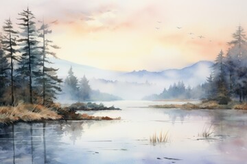 A watercolor landscape of a serene lakeside at dawn, with soft pastel colors