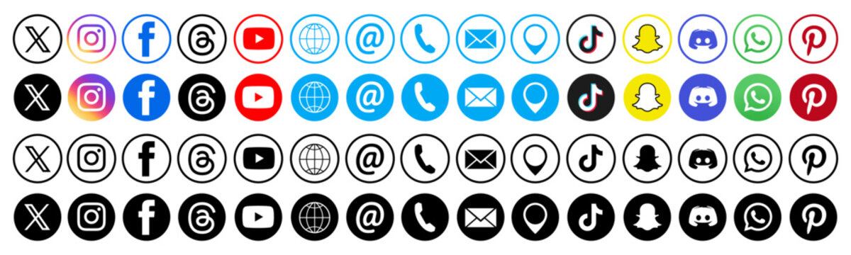 Social Media app and contact icons set in circles. Contact us and communication icon set. Facebook, twitter x, telegram. Social Media button signs. Editorial