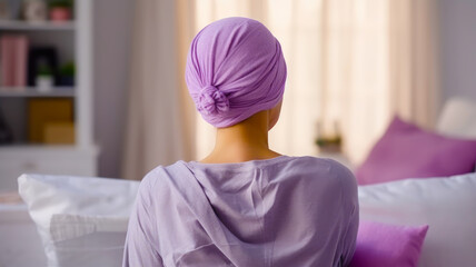 Back view of woman after chemotheraoy with purple headdress turban for a World Cancer Day