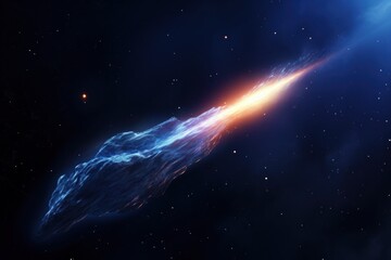 An icy comet trailing flames as it travels through space