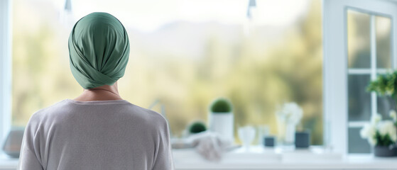 A Back view of woman after chemotheraoy with Green  headdress turban for Cervical cancer awareness month