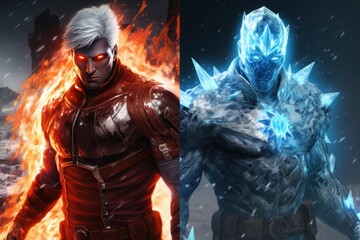 An ice-themed superhero and a fire-themed villain in combat - obrazy, fototapety, plakaty
