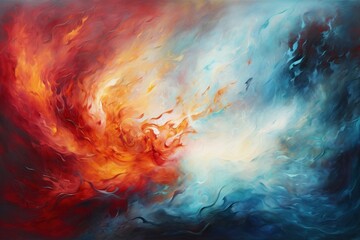 An abstract painting of fire melting into ice, a fusion of elements