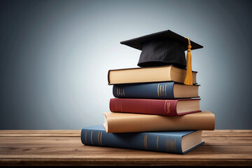 Graduation cap on stack of books. Education concept.