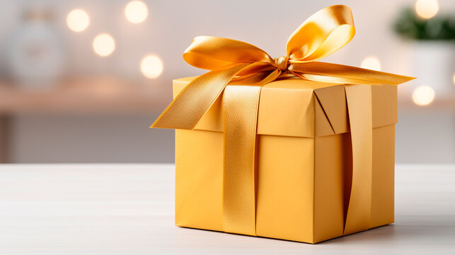 caja de regalos dorada aislado sobre un fondo desenfocado 