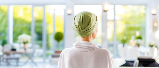 Back view of woman after chemotheraoy with Green  headdress turban for Cervical cancer awareness month