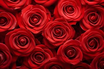 Red roses, background with flowers, close-up view from above.