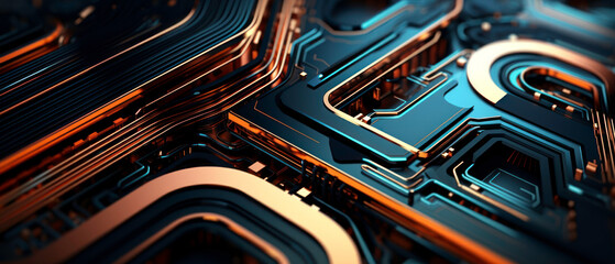 Futuristic circuit board close-up with vibrant blue and orange lines.