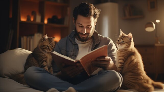 Man Reading Book While Sitting With Cat On Sofa At Home,cat Falls Asleep On Its Owner Who Reads Lying On A Sofa