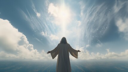 The resurrected Jesus Christ ascending to heaven above the bright light sky and clouds and God,End...