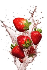 Fresh juicy strawberry with water splash  isolated on white background