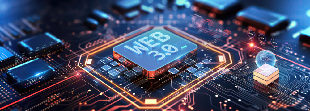 closeup of an advanced GPU ram microchip or cpu of a powerful computer board for artificial intelligence technology as wide banner design with copy space area futuristic background mockup