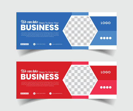 Expert corporate Facebook cover page timeline web banner template including a photo area in a contemporary white backdrop layout with a vibrant red and blue shape and font design