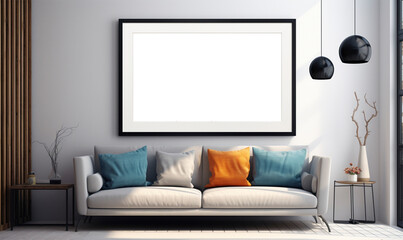 Wall art painting frame hanging on the wall in a modern home, The inside of the wall art has a white background, This frame can be used as a wall art mockup