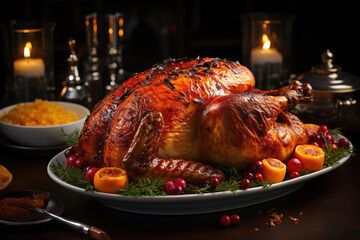 Fototapeta premium Whole Christmas roast turkey on the holiday table. Generative AI.