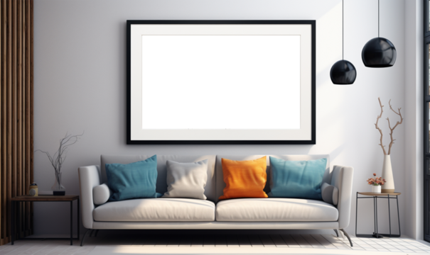 Wall art painting frame hanging on the wall in a modern home, The inside of the wall art has a white background, This frame can be used as a wall art mockup