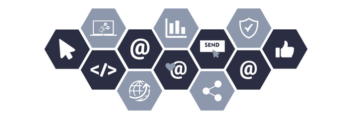 email marketing vector illustration. Concept with connected icons related to e-mail communication strategy, e mail marketing software or tool, electronic communication or newsletter.