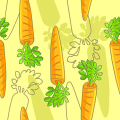 Bright orange carrots and silhouettes of carrots on a yellow background. Seamless pattern. Vegetables, fruits, vitamins and minerals. Packaging and printing on fabric and tablecloth. Vector graphics.
