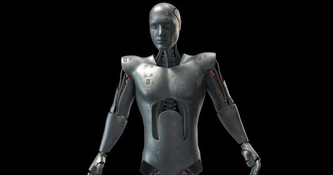 Anxious High Tech Bionic Robot Looking Around. Alpha Channel. Technology Related 3D Animation.