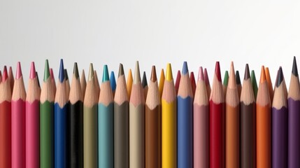 A row of sharp multi - colored pencils lying flat on the bottom on a white background