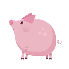 Happy funny pig isolated on white background. Cute pink piglet with hooked tail. Childish colored flat cartoon vector illustration