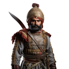 front view mid shot of a male Persian warrior isolated on a white transparent background 