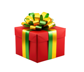 elegant gift box wrapped in red yellow and green christmas paper isolated on transparent backgropund. PNG file. AI generated