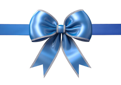 blue ribbon and bow with silver line isolated on transparent background. PNG file. AI generated