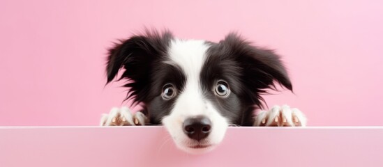 Funny border collie dog looking at camera. Isolated on pastel background