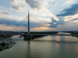 Most recent "Most na Adi" - literally Bridge over Ada - river island in Belgrade, Serbia; bridge is connecting Europe mainland with Balkans over river Sava