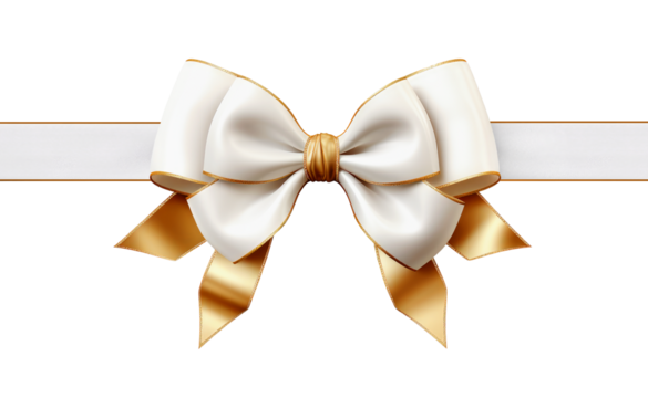 white ribbon and bow with gold isolated on transparent background. PNG file. AI generated