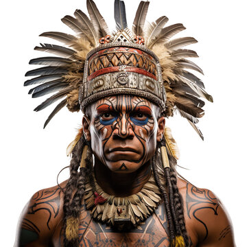 front view mid shot of a male Incan warrior isolated on a white transparent background 