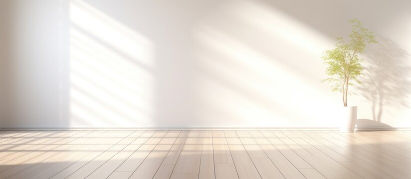 Minimal style interior room with sunbeam in white wall. AI generated image