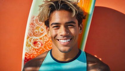 Joyful puerto rican surfer embracing coral waves