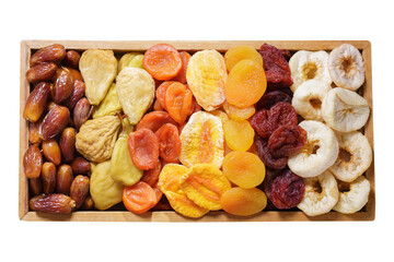 mixed of dried fruits in wooden box isolated on transparent background, top view