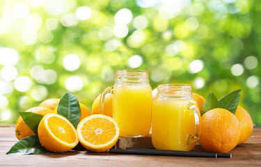 Jar glasses of fresh orange juice with fresh fruits