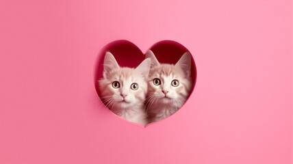 Two cute cats or kittens peeking out from hole of heart shape isolated on pink background. Copy space - Powered by Adobe