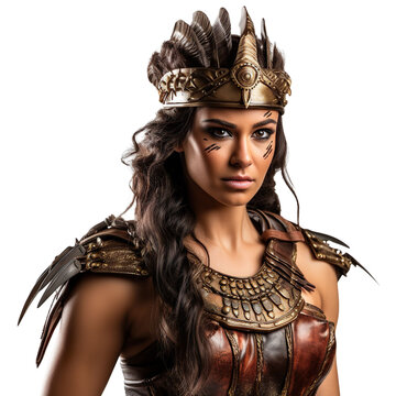 front view mid shot of a female Greek Peltast warrior isolated on a white transparent background 