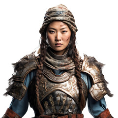 front view mid shot of a female Mongolian warrior isolated on a white transparent background 