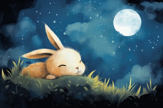 Cute Storybook Illustration of a Bunny Rabbit Sleeping and Dreaming at Night in the Forest